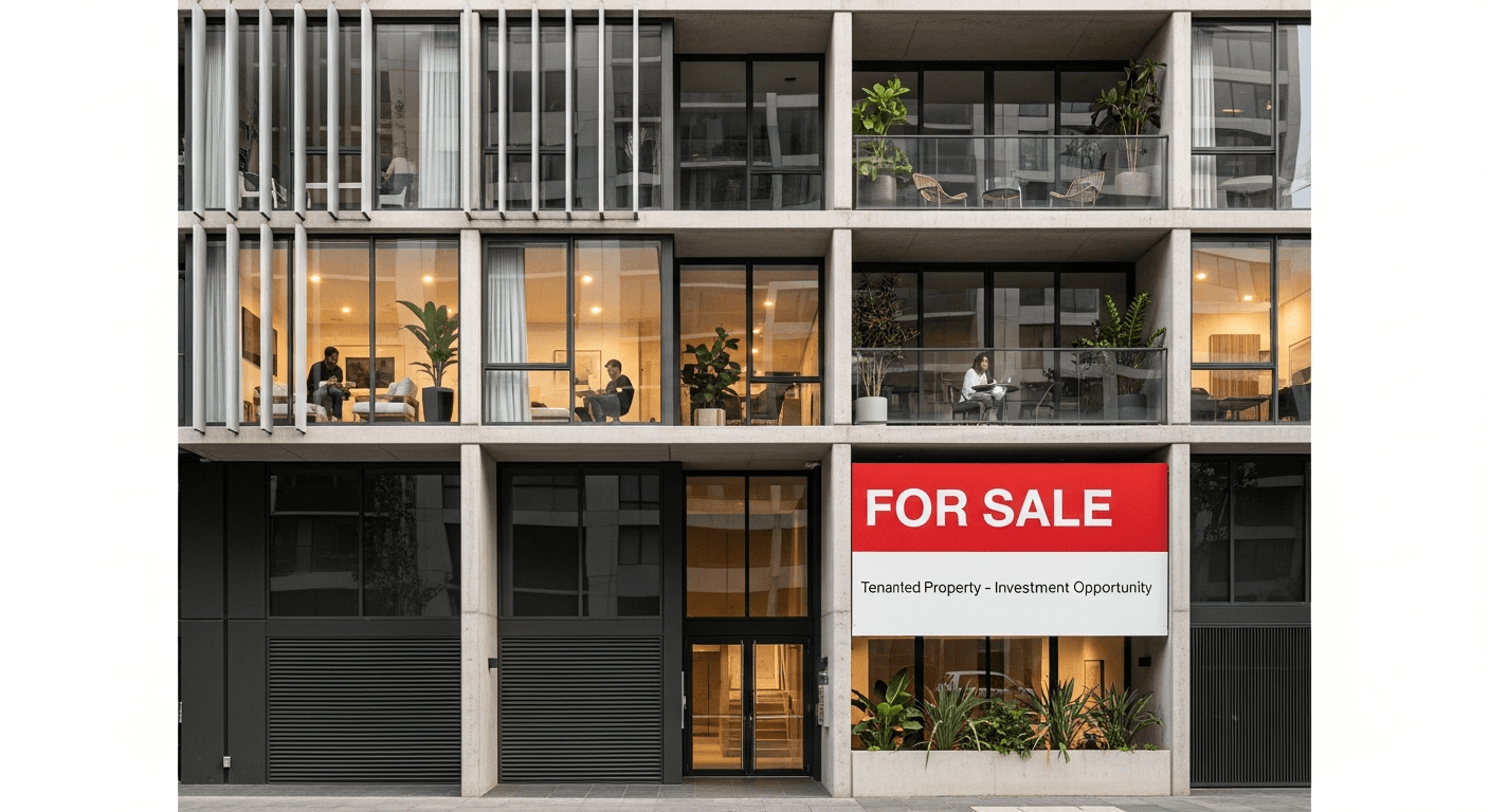 Modernes Mietshaus mit Verkaufsschild, das den Prozess des vermietete Immobilie verkaufen illustriert