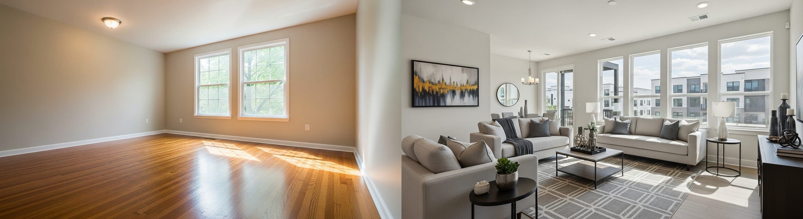 Wohnzimmer: Vorher vs. Nachher virtuelles Staging