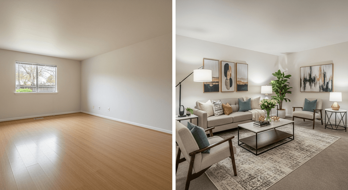 Wohnzimmer: Vorher vs. Nachher virtuelles Staging