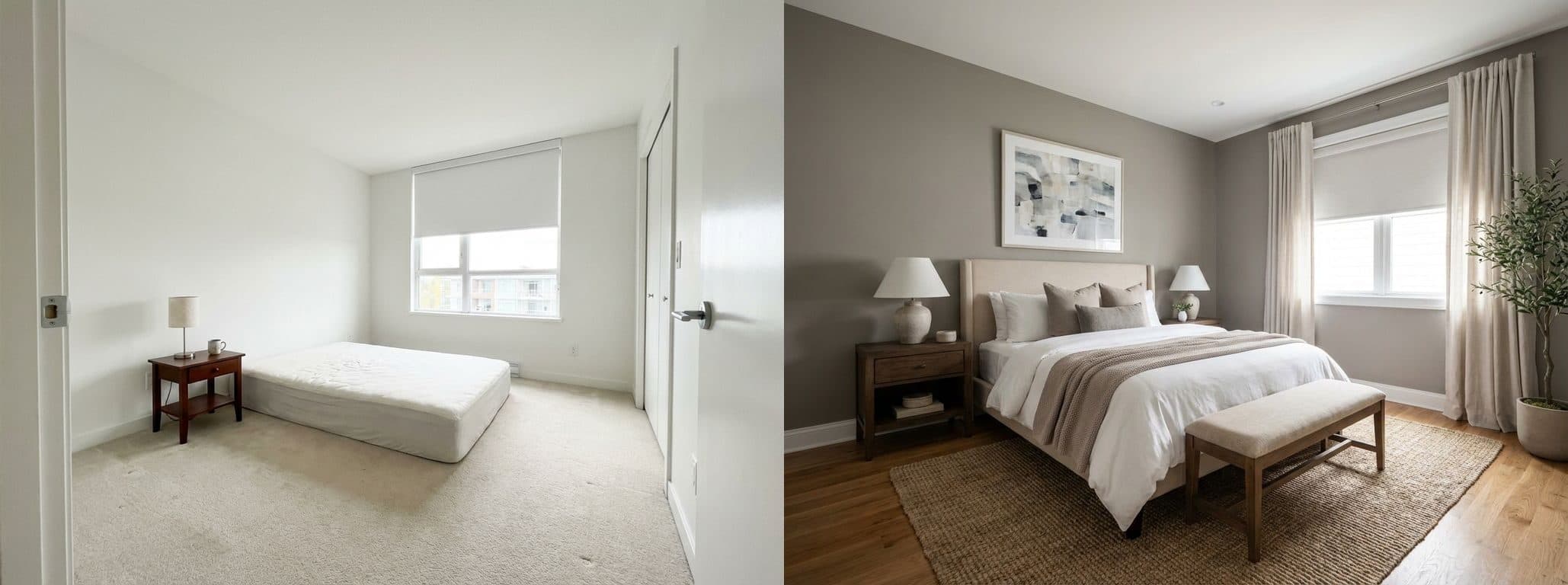 Hauptschlafzimmer: Vorher-Nachher-Vergleich mit virtuellem Home Staging, das die optimale Platzierung eines King-Size-Bettes und die Schaffung einer beruhigenden Atmosphäre zeigt.