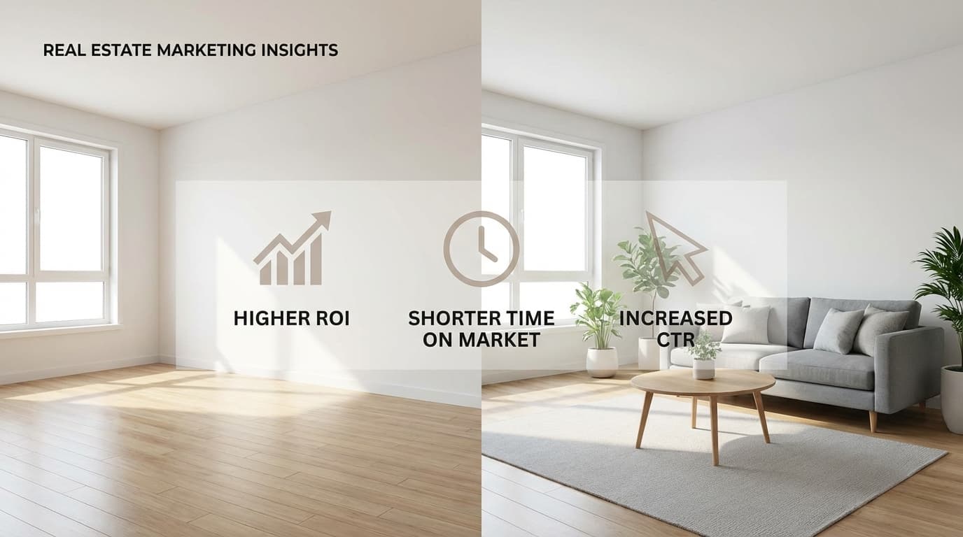 Virtual staging vs home staging comparison showing before-and-after living room and ROI metrics