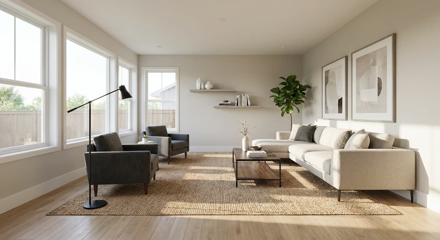 Dasselbe Wohnzimmer gestagt mit modernem Sofa, Sesseln, Teppich, Couchtisch, minimaler Deko und Pflanzen bei natürlichem Tageslicht.