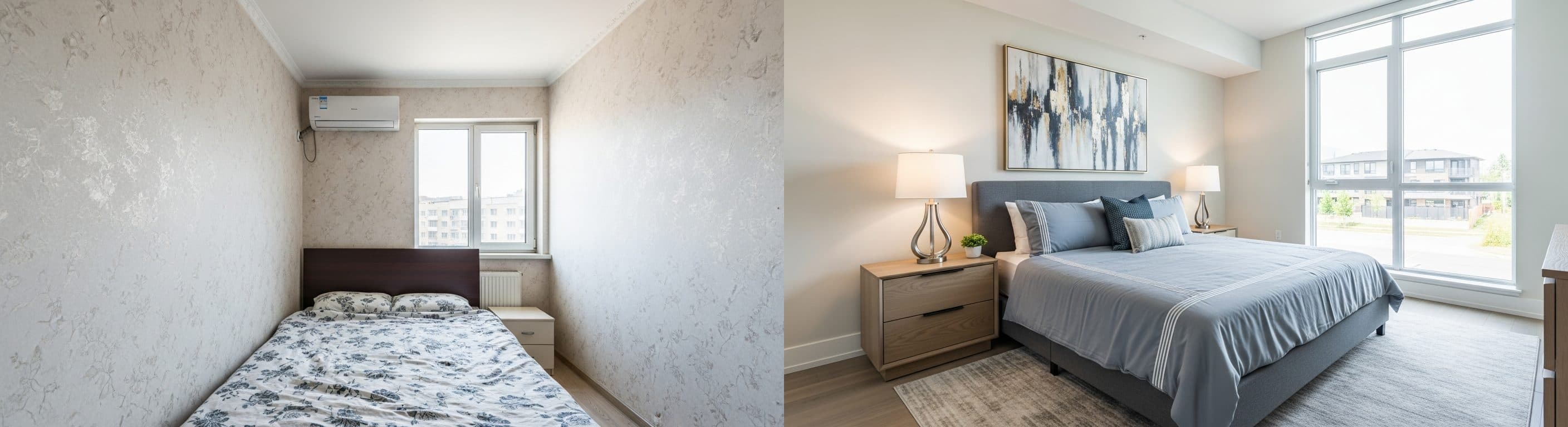 Schlafzimmer: Vorher vs. Nachher virtuelles Staging