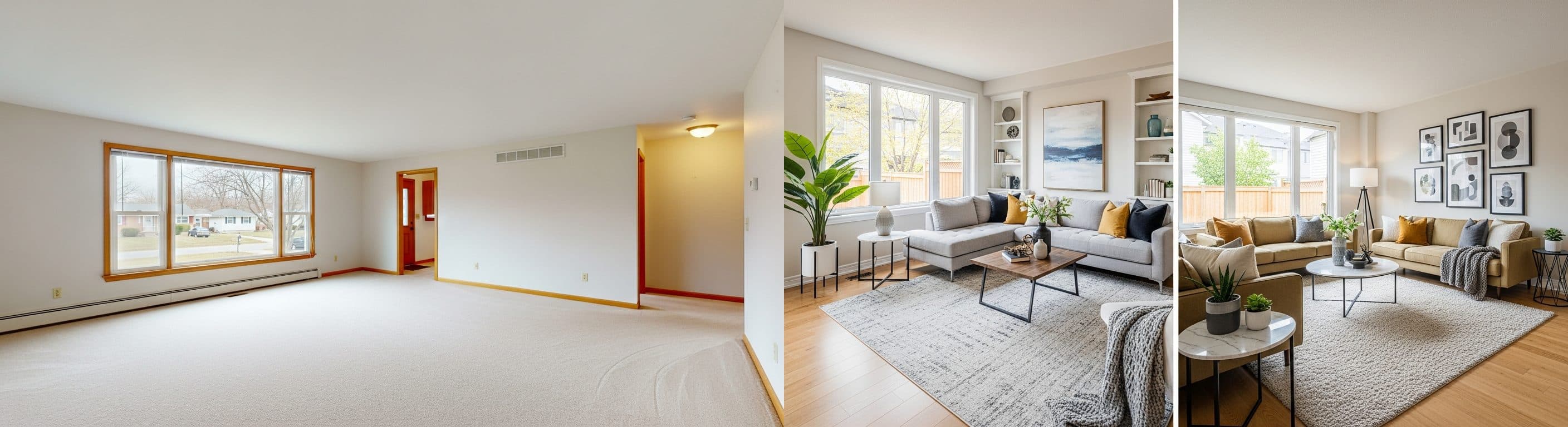 Wohnzimmer: vor vs. nach virtuellem Staging