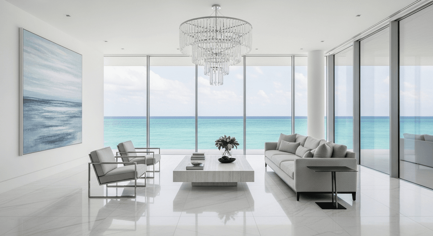 Elegantes Interieur einer Luxusimmobilie mit hochwertiger Ausstattung und dramatischer Beleuchtung