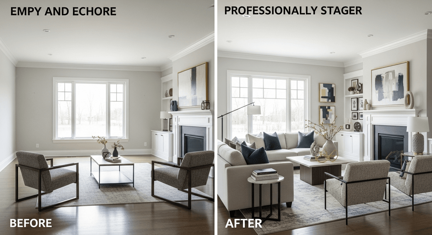 Wohnzimmer: vor vs. nach virtuellem Staging