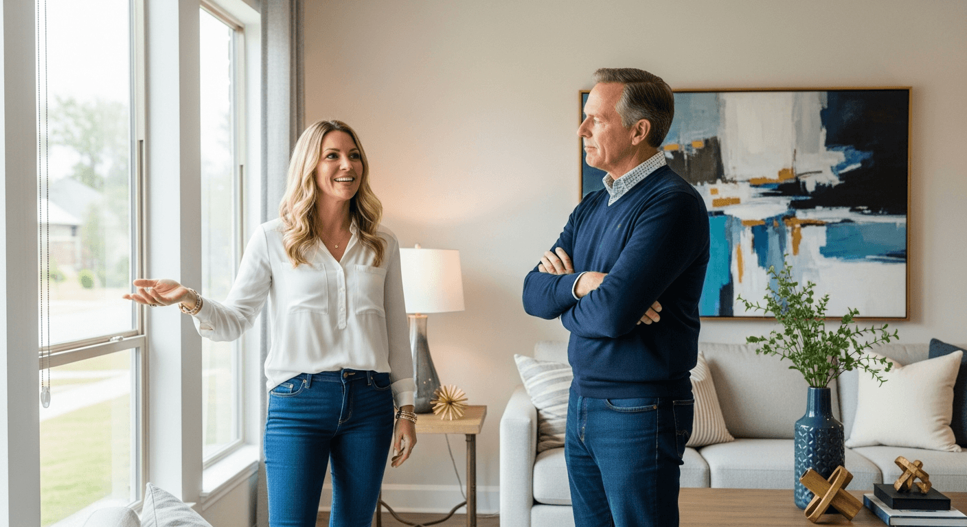 Ein selbstbewusster Immobilieneigentümer bespricht Verkaufsgründe mit einem Käufer in einem gestagten Zuhause