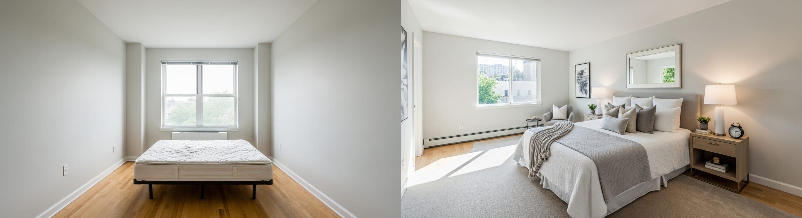 Schlafzimmer: vor vs. nach virtuellem Staging