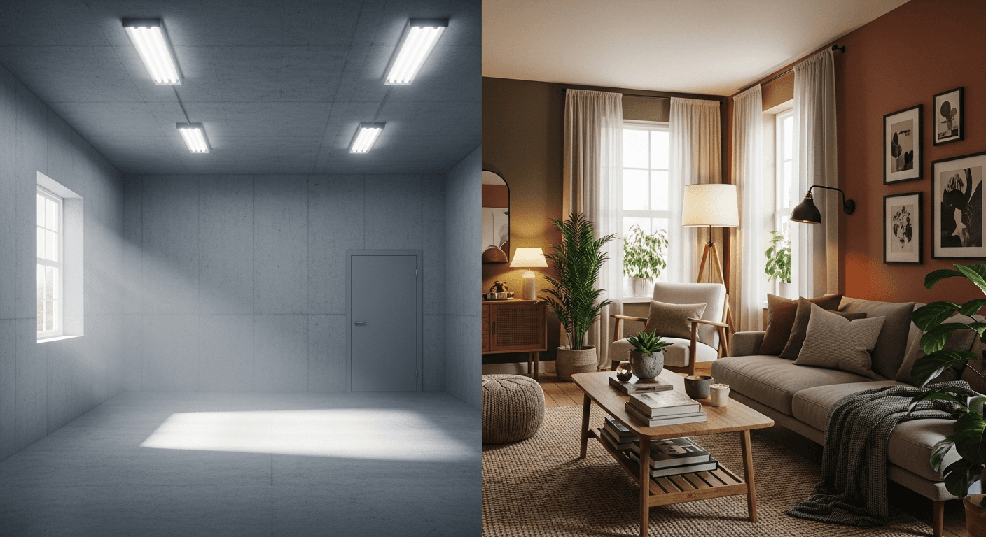 Zdjęcie przed i po: zimne, puste pomieszczenie przekształcone w ciepłą, zaaranżowaną przestrzeń mieszkalną