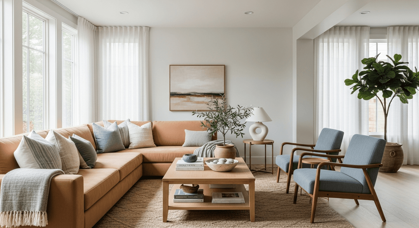 Un salon confortable aménagé avec des meubles modernes, évoquant confiance et chaleur dans les annonces immobilières